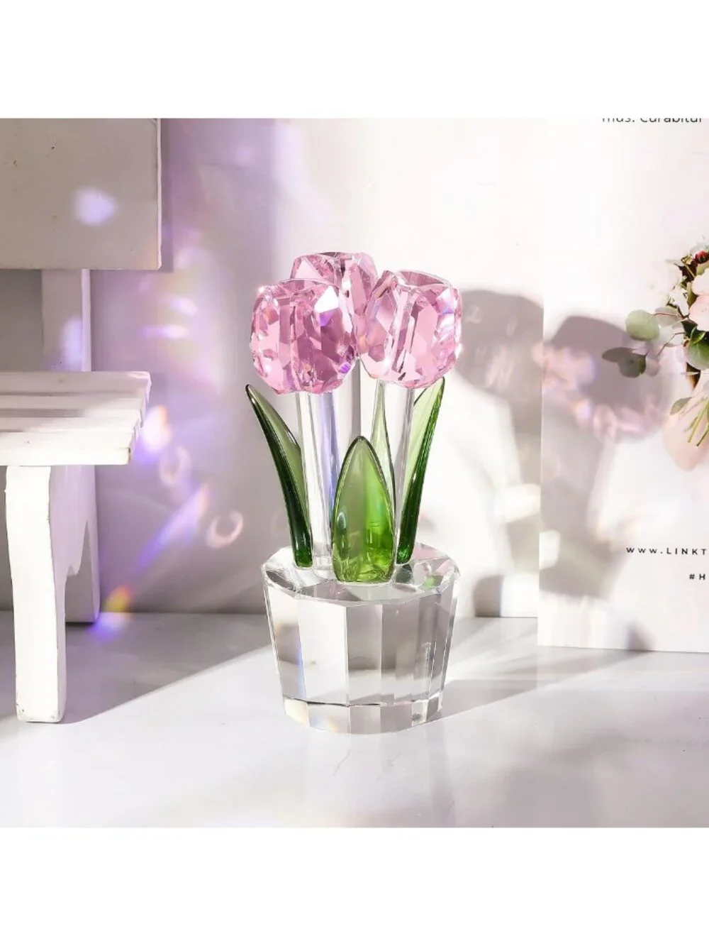 Elegant Pink Crystal Tulip Figurine with Vase - Collectible Glass Flower Decor
